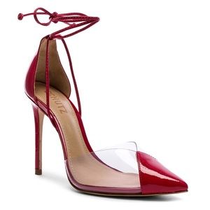 Schutz deep red patent leather and PVC ankle wrap heels